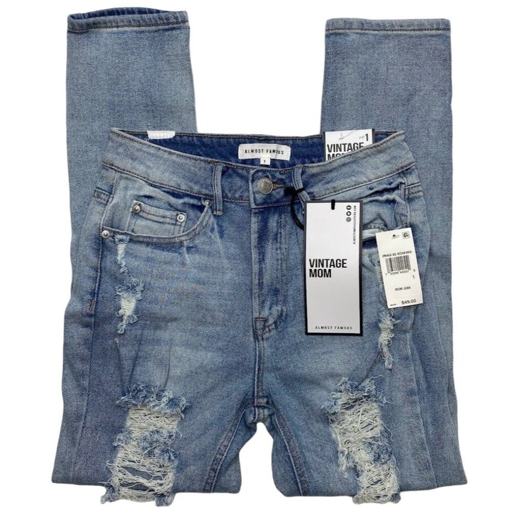 Almost Famous Vintage Mom Jeans Women's Faded Blue Distressed Destructed NEW